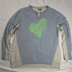Lisa Todd V-Neck Sweater in Blue and Gray with Green Heart